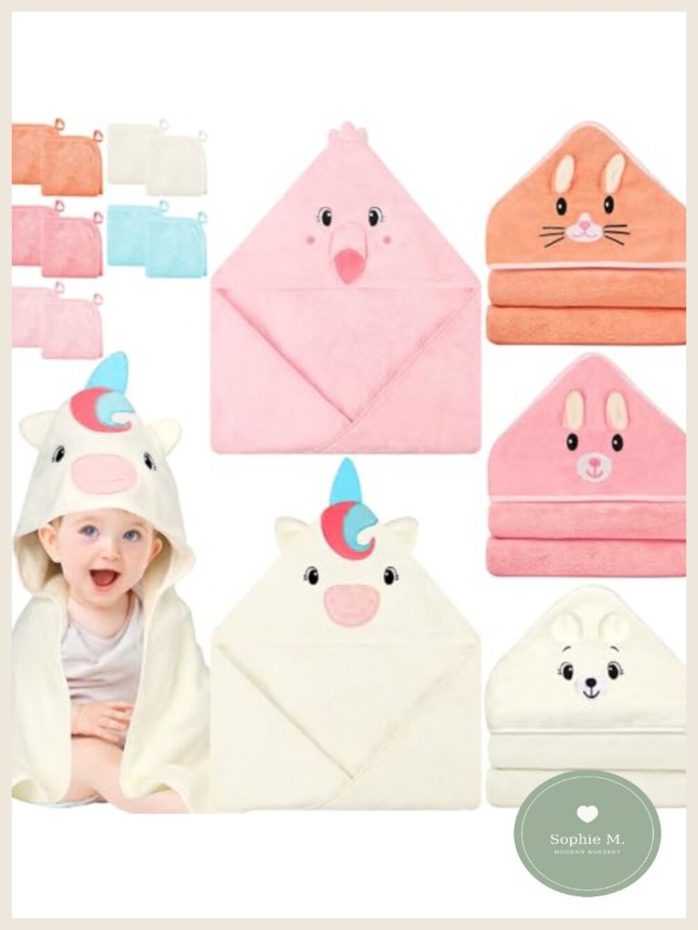 15 Pc Baby Hooded Towel Set Coral Fleece Bath Essentials for Newborn